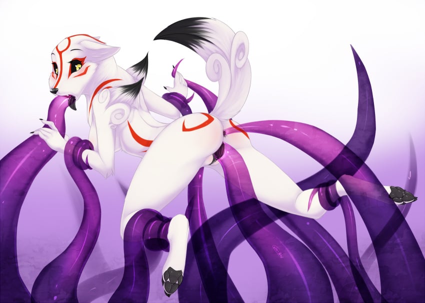 amaterasu anal anthro canine double_penetration female fur furry looking_back okami oral penetration tail tentacle tentacle_rape tentacles xin-wei