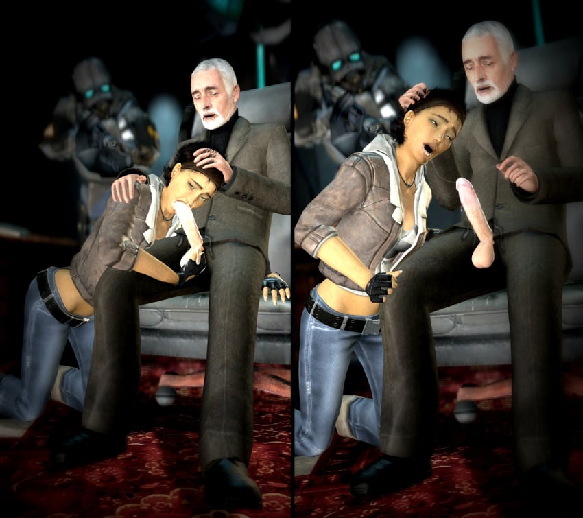 alyx_vance belt_jeans black_hair blowjob combine cum cum_in_mouth forced_oral garry's_mod gun half-life half-life_2 holding_gun holding_weapon jeans kneeling open_mouth oral oral_sex rape short_hair straight unhappy wallace_breen