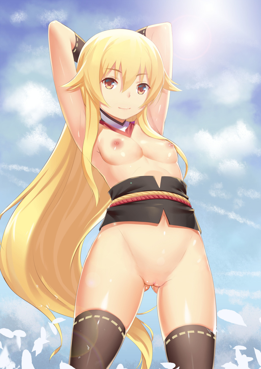 absurdres arms_behind_back arms_behind_head arms_up ashikaga_chachamaru black_legwear blonde_hair breasts brown_eyes clothing cloud condensation_trail cowboy_shot female highres long_hair nipples petals pussy revision shoutai_(7490773) sky small_breasts smile solo soukou_akki_muramasa sun swimsuit thighhighs uncensored very_long_hair