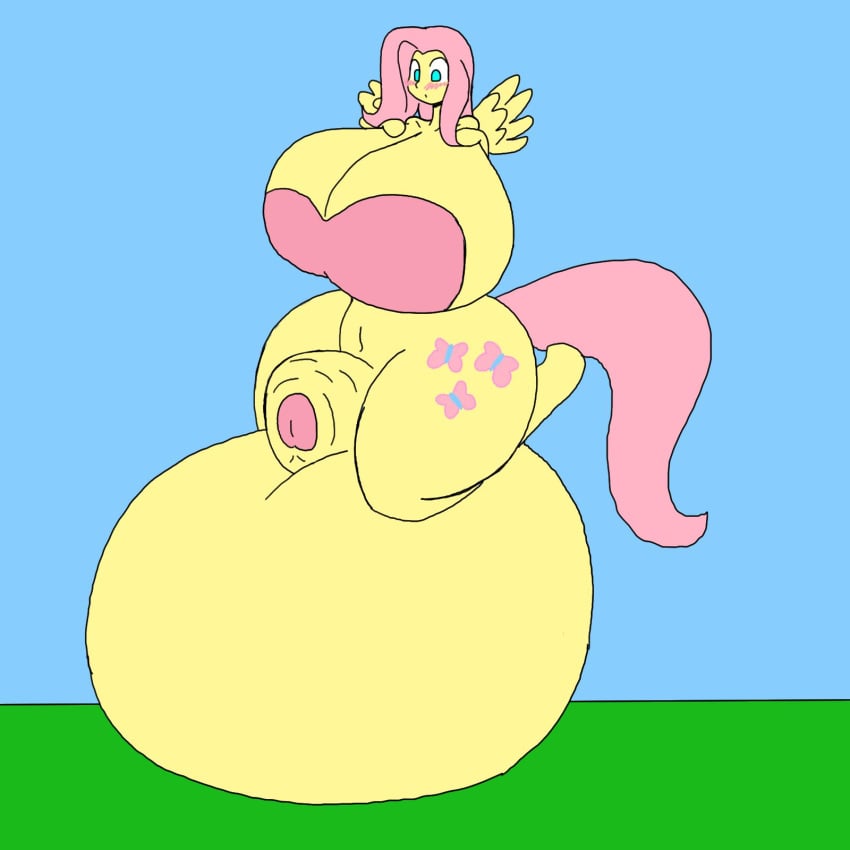 1girls blue_eyes blush breasts cleavage dickgirl fluttershy_(mlp) foreskin friendship_is_magic furry huge_cock hyper hyper_testicles intersex my_little_pony oppaimisty penis straight_hair tail testicles wings