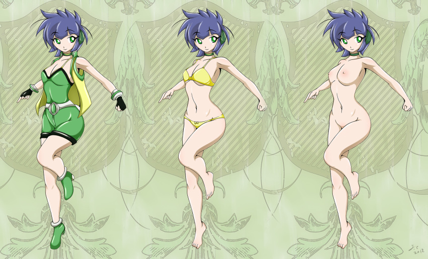 barefoot blue_hair breasts buttercup_(powerpuff_girls) dress female female_only green_eyes human jessica_elwood kaoru_matsubara powerpuff_girls_z short_hair solo underwear