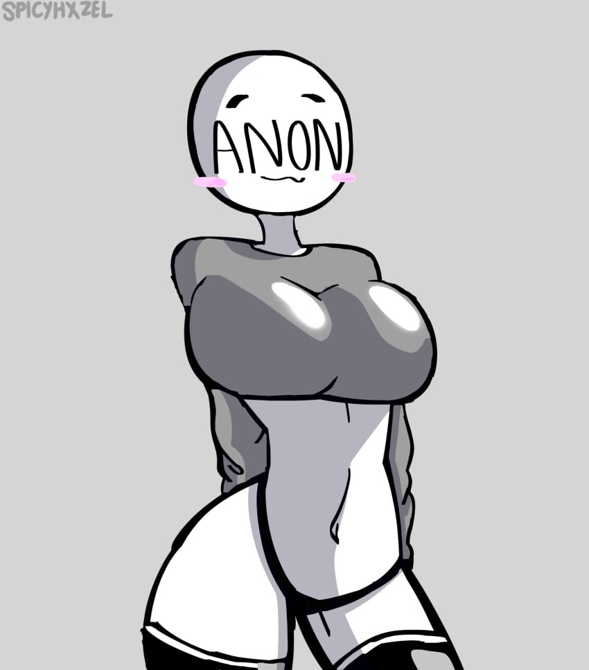 anon anony_(spicyhxzel) anonymous anonymous_female bald bald_female bald_woman blushing clothed cute eyebrows grey_background no_eyes oc panties smile spicyhxzel_(artist) white_skin