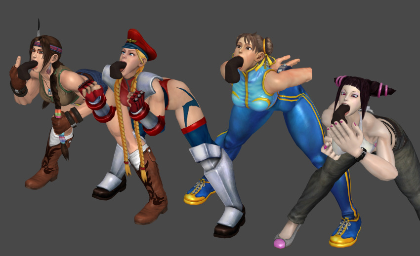 3d 4girls asian brown_eyes brown_hair cammy_white chun-li deepthroat disembodied_penis double_bun earrings feather_earrings fellatio female human julia_chang juri_han kill23 light-skinned_female male multiple_boys multiple_girls oral penis street_fighter tagme tekken tongue_out xnalara