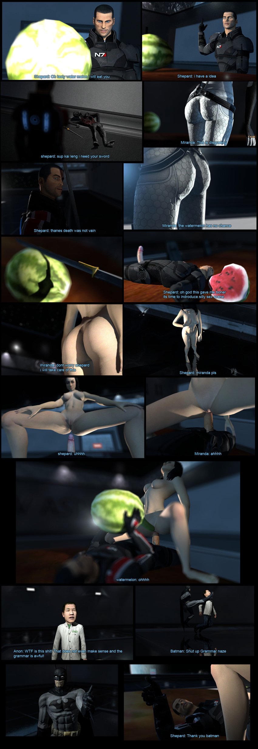 3d 3d_(artwork) batman comic commander_shepard crossover dc female kai_leng male mass_effect miranda_lawson watermelon