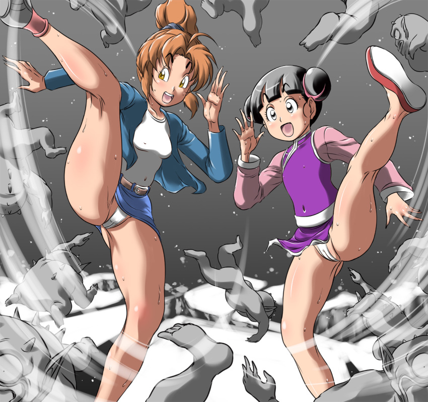 2girls akane_kimidori breasts dr._slump dress female human light-skinned_female light_skin panties shirt short_hair tagme takimoto_dojo tsururin_tsun