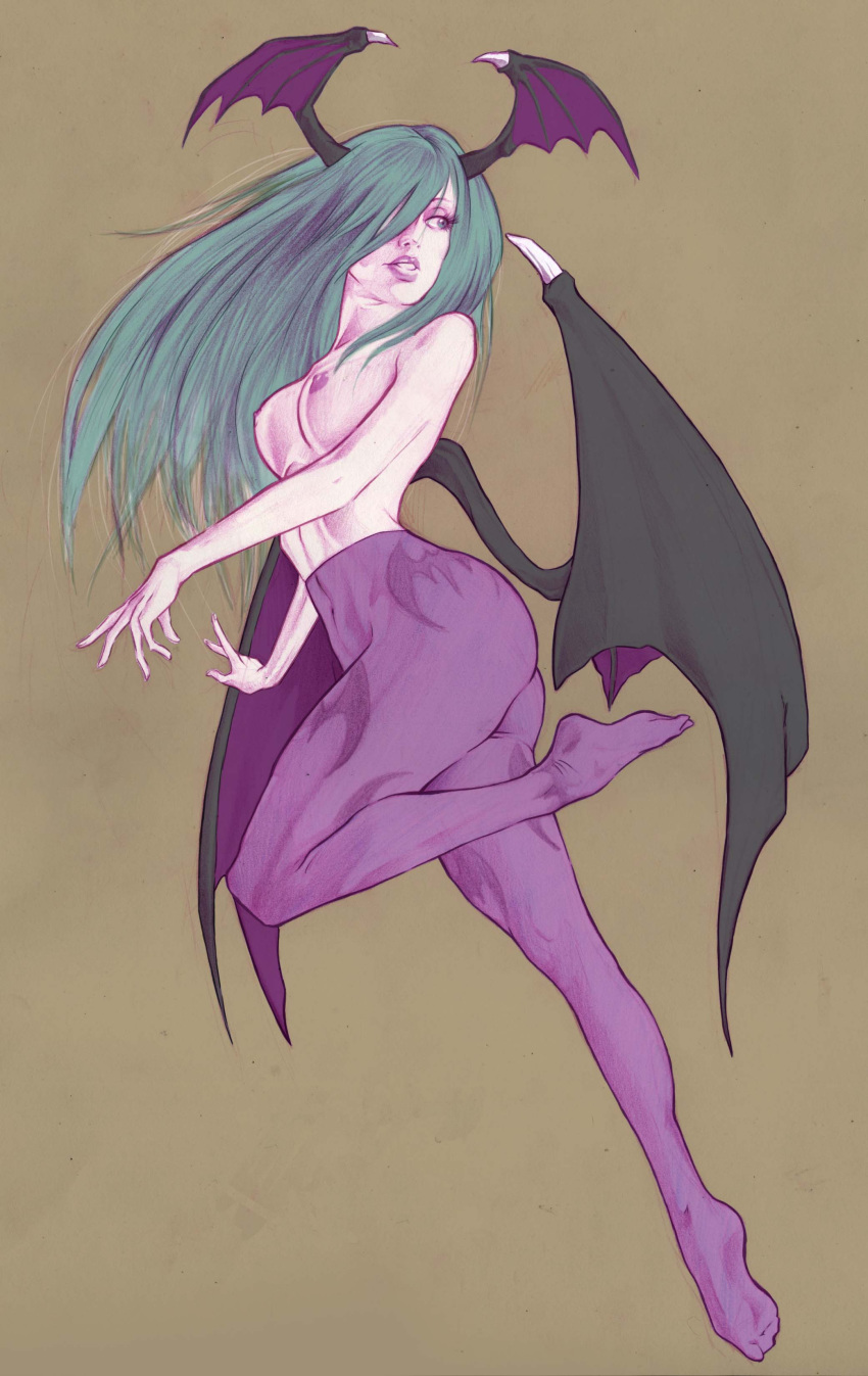 bat_wings black_wings blue_eyes blue_hair breasts darkstalkers erolulz exposed_breasts exposed_nipples green_hair hair_over_one_eye head_wings leggings long_hair looking_back looking_over_shoulder medium_breasts morrigan_aensland pantyhose partial_nudity pencil_(artwork) perky_breasts perky_nipples pinup purple_leggings purple_legwear purple_lips purple_lipstick purple_nipples purple_tights purple_wings skinny skinny_waist small_feet small_waist succubus tagme teeth_showing thick_ass thin_waist tights toned toned_female topless topless_female