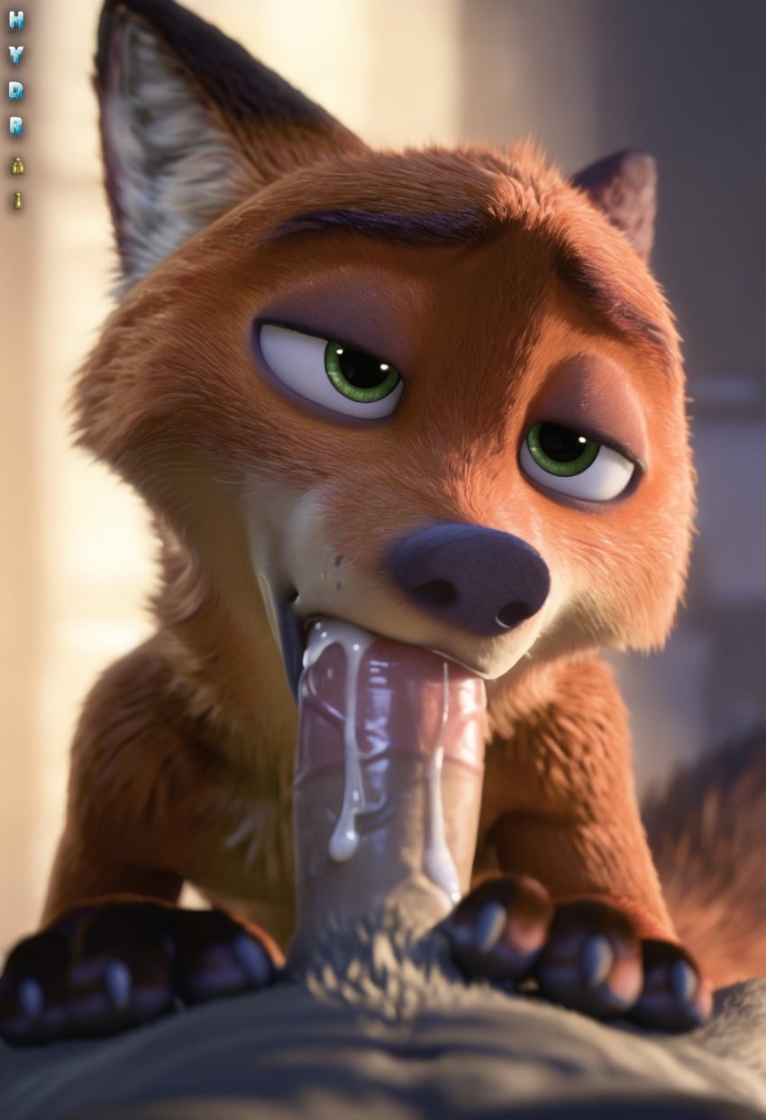 ai_generated anthro blowjob close-up cum_in_mouth fox furry gay green_eyes hydrai male_only nick_wilde orange_fur zootopia zootropolis