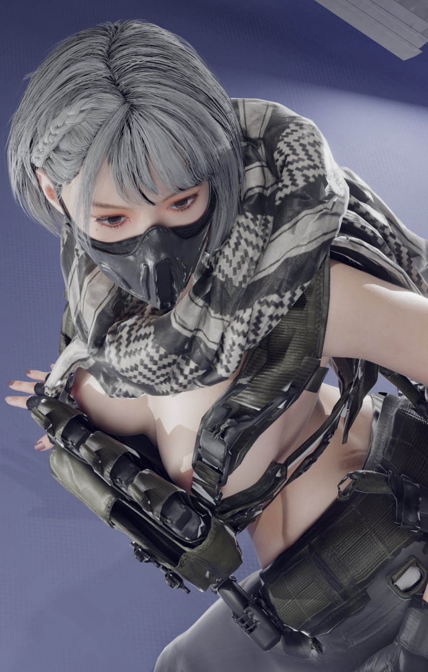 1girls 3d 3d_(artwork) 3d_model 3d_render covered_mouth delta_force female female_focus female_only hackclaw_(delta_force) light-skinned_female light_skin military military_uniform pose revealing_clothes short_hair solo solo_female solo_focus useless_clothing white_hair