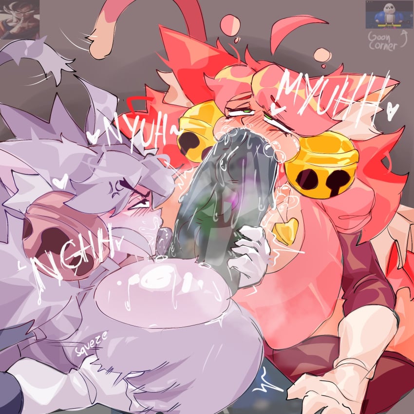 2girls angry_expression big_breasts blowjob deltarune deltarune_chapter_5 irritable_ghost_(deltarune) licking mad_dummy mad_mew_mew pink_(deltarune) threesome zans_nation