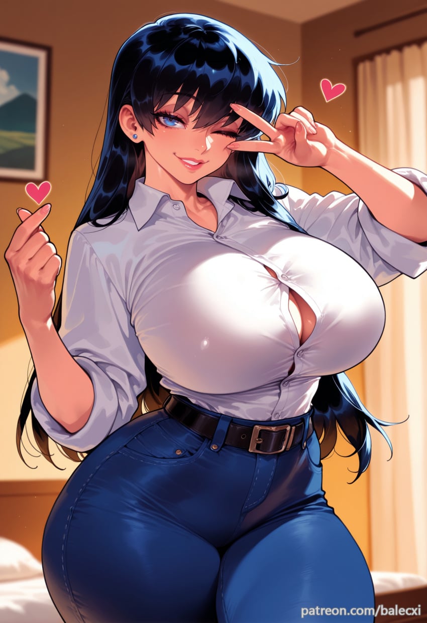 1girl ai_generated arato_nagi balecxi belt black_hair blue_eyes blue_pants curvy denim earrings heart huge_breasts indoors jeans jewelry long_hair looking_at_viewer one_eye_closed patreon_username ruri_no_houseki shirt_tucked_in smile solo thick_thighs v white_shirt