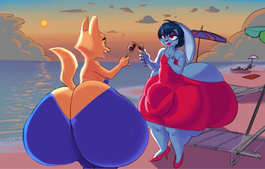 anthro anthro_female anthro_focus anthro_male anthro_only beach beach_background beach_umbrella blue_body blue_dress blue_fur blue_hair diane_foxington dreamworks dreamworks_animation dress fancy_clothing femboy furry furry_female furry_male hyper hyper_ass hyper_genitalia hyper_penis orange_fur original_character red_dress red_eyes the_bad_guys wine wine_glass