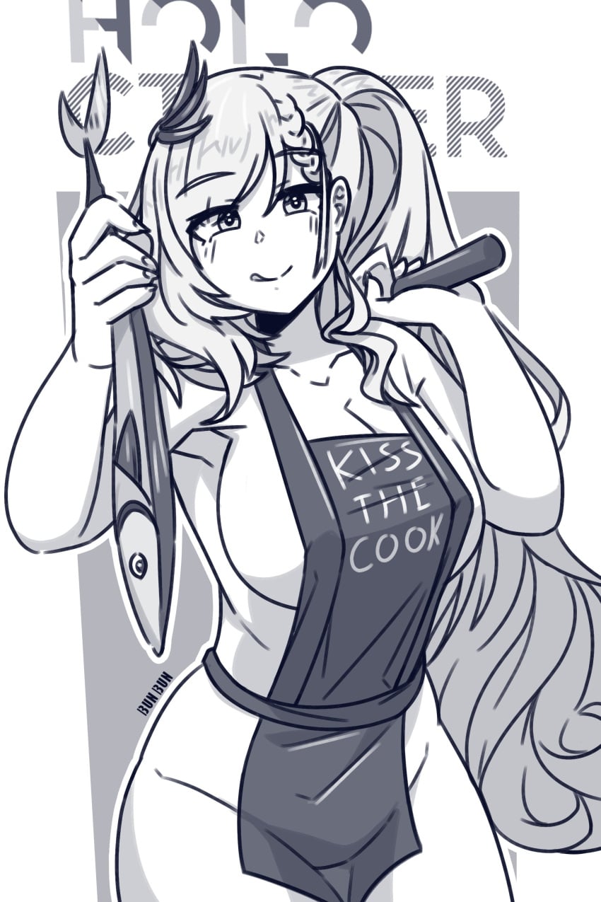1girls 2023 apron big_breasts bunbbun1 holoctober hololive hololive_indonesia looking_at_viewer naked_apron pavolia_reine sideboob solo solo_female tagme thigh_gap virtual_youtuber