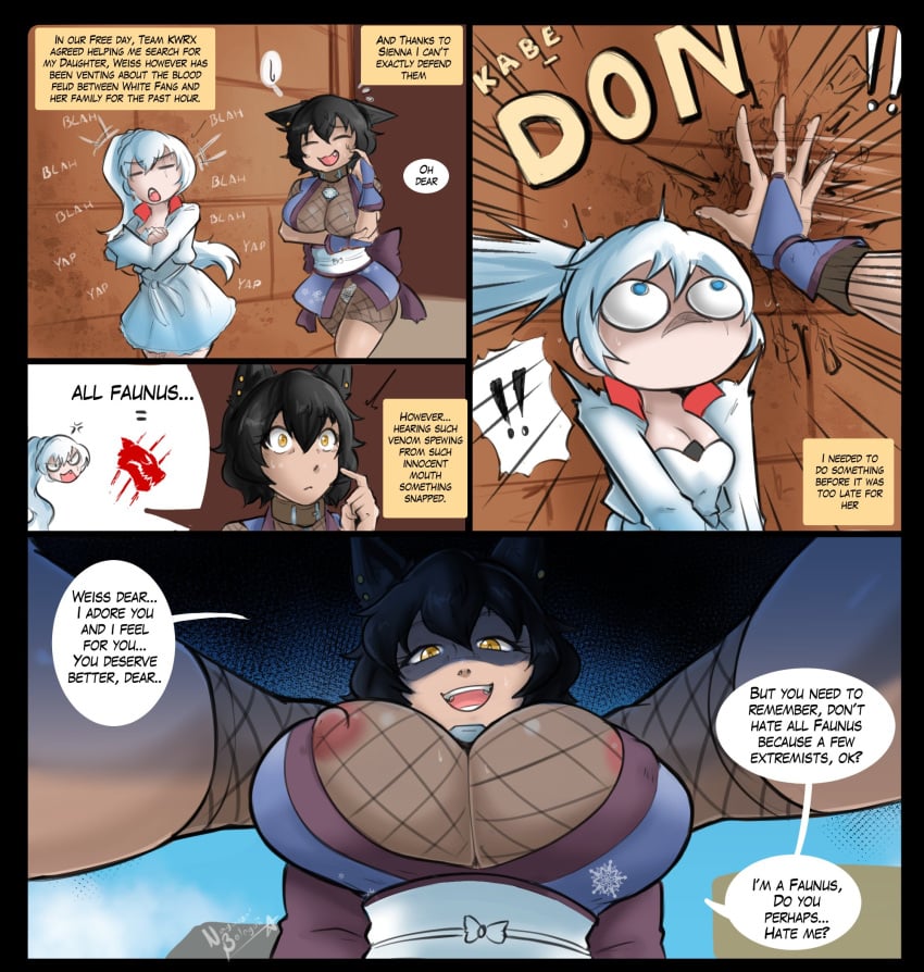 2girls animal_ears black_hair blue_eyes cat_ears duo female female_only kali_belladonna light-skinned_female light_skin nayaase_beleguii rwby weiss_schnee white_hair yellow_eyes