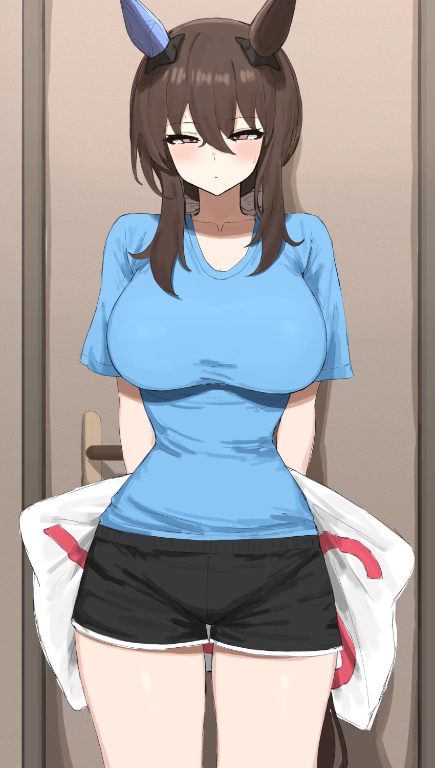 1girls admire_vega_(umamusume) arms_behind_back bedroom_eyes big_breasts blush breasts door eyes_half_open kumiyabe looking_at_viewer pillow shirt short_shorts shorts small_waist sweat thighs umamusume waist