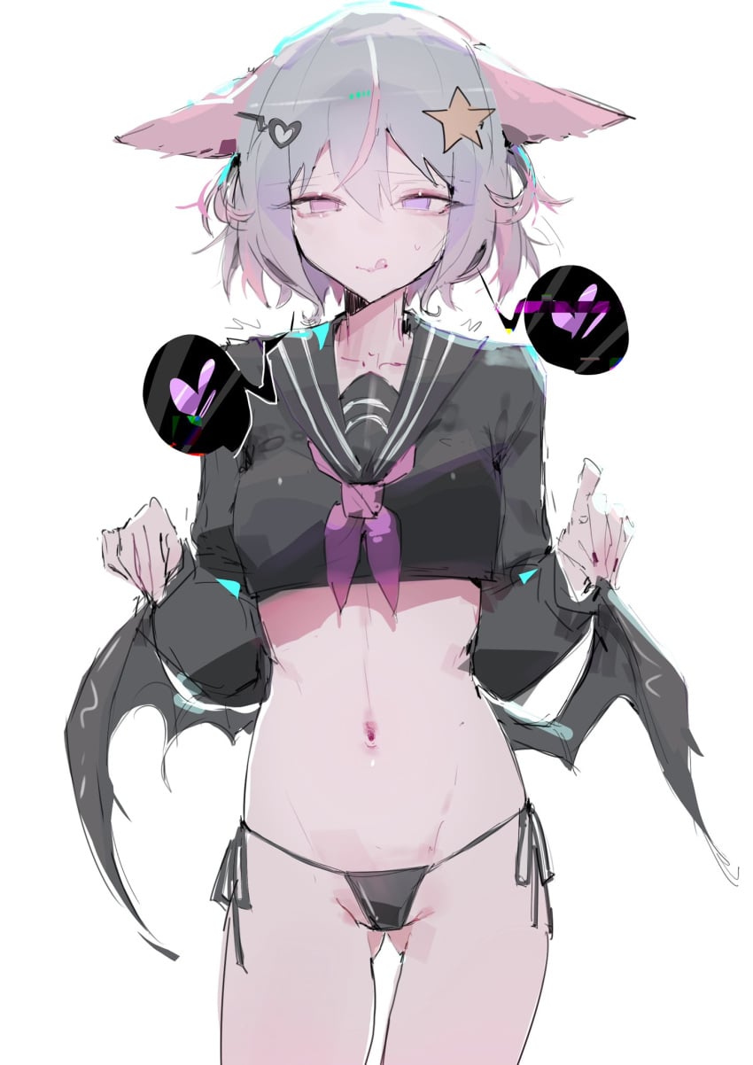 1girl 1girls animal_ears annytf black_panties black_sailor_collar black_shirt commentary demon_girl demon_wings female fox_ears fox_girl grey_hair hair_ornament heart heart_hair_ornament heterochromia highres horny indie_virtual_youtuber ip_chort looking_at_viewer navel panties pink_eyes pink_hair purple_eyes sailor_collar shirt short_hair solo star_(symbol) star_hair_ornament tongue tongue_out underwear untranslatable_commentary virtual_youtuber vtuber white_background wings