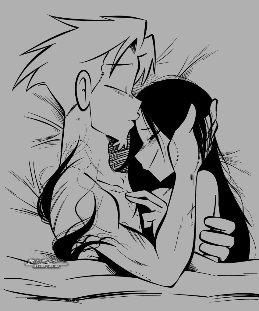 after_sex bed bite bite_mark bite_marks brandon_santiago_(artist) canon_couple cuddling emiko_yuriemoto-williams erma kissing kissing_forehead kissing_partner nude nude_female nude_male samuel_williams scar scars scars_all_over under_covers wholesome