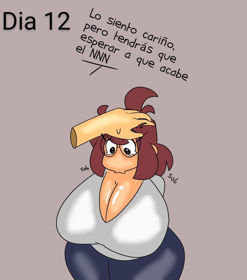 2girls ahoge big_boobs big_breasts boobs boss_(thelittlenerdys) breasts brown_hair caressing_head clothing color colored disembodied_hand eyelashes huge_breasts luna_(thelittlenerdys) neckline nerd nerdy nerdy_female no_nut_november sad shortstack simple_background skaler2 spanish_text tears text thick_thighs thighhighs twitter_user_sona white_skin
