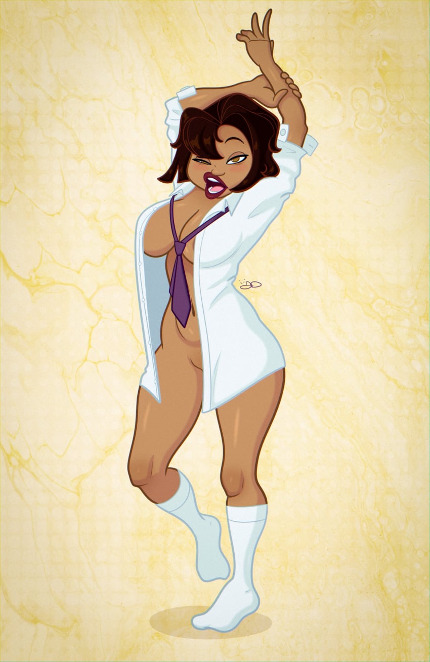 1girls areola_slip areolae arm_up big_breasts breasts brown_eyes brown_hair female female_only footwear full_body hair half-closed_eyes hips jumpdriiver legs lips mature mature_female mature_woman milf mother necktie neckwear open_mouth open_shirt shirt shirt_only socks solo solo_female the_proud_family thick_lips thighs trudy_proud white_shirt