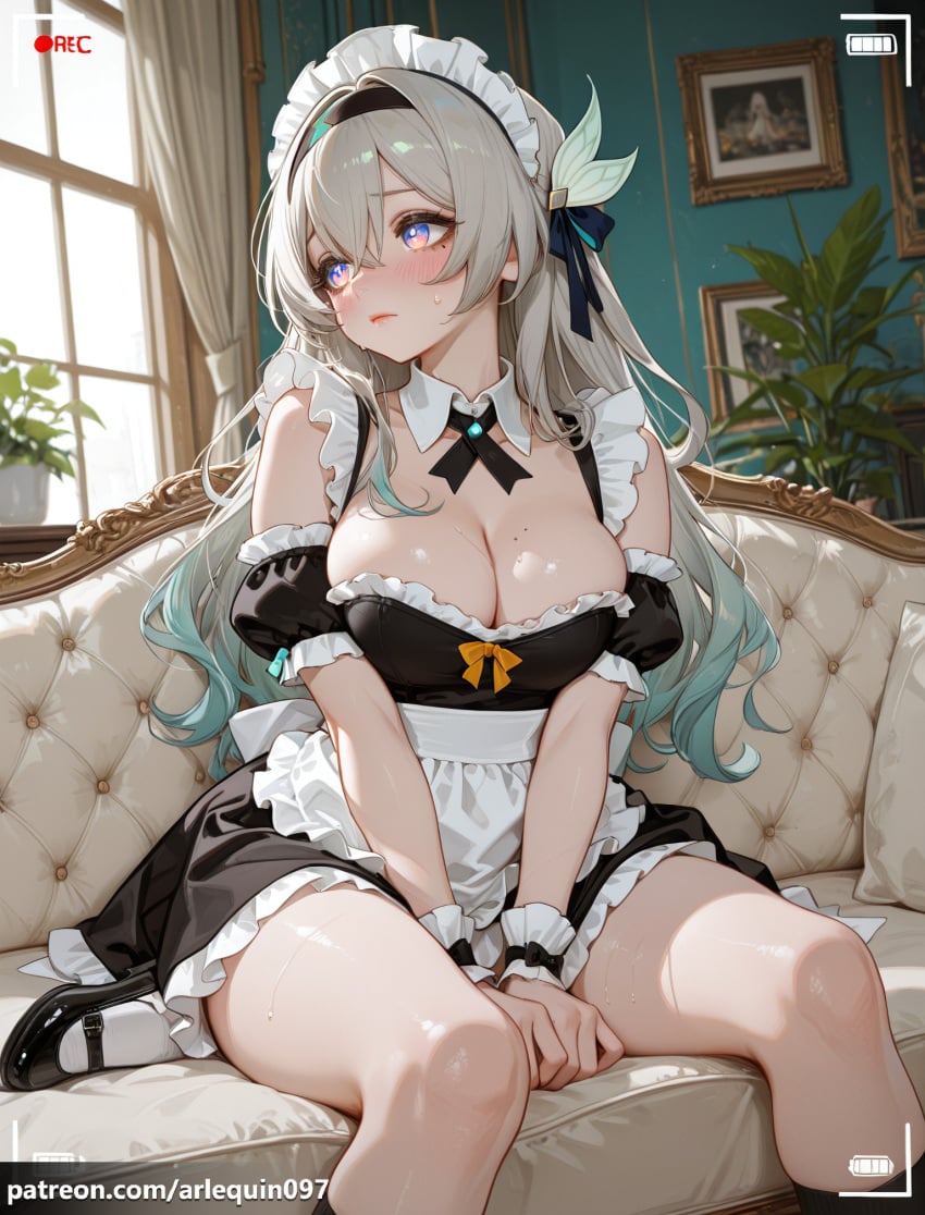 1girl ai_generated alternate_costume apron arlequin097 bare_shoulders battery_indicator between_legs black_dress black_footwear black_hairband black_ribbon black_socks blue_eyes blue_hair blush breasts cleavage closed_mouth couch detached_collar detached_sleeves dress enmaided firefly_(honkai:_star_rail) frills gradient_eyes gradient_hair grey_hair hair_between_eyes hair_ornament hair_ribbon hairband hand_between_legs honkai:_star_rail indoors kneehighs large_breasts long_hair looking_to_the_side maid maid_apron maid_headdress mary_janes multicolored_eyes multicolored_hair on_couch picture_frame plant potted_plant purple_eyes recording ribbon shoes short_sleeves sitting socks solo sweat symbol-shaped_pupils thighs v_arms viewfinder waist_apron white_apron wrist_cuffs