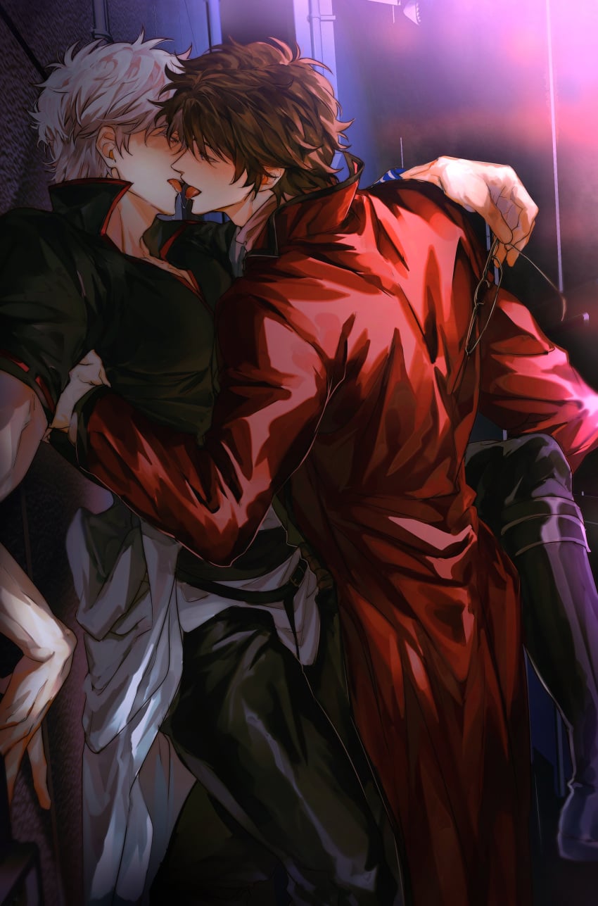 2boys against_wall blush brown_hair embrace french_kiss fully_clothed gay gintama gintoki_sakata hug kissing leg_grab leg_lift leg_up male male_only sakamoto_tatsuma saliva_trail sunglasses_removed tongue_out white_hair yaoi