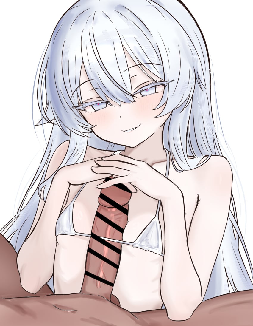 1boy 1girl absurdres bar_censor bikini censored commentary_request erection evil_smile flat_chest hetero highres long_hair mahou_shoujo_no_majo_saiban micro_bikini naizuri oh24478664 paizuri penis seductive_smile smile solo spoilers swimsuit testicles tsukishiro_yuki white_bikini white_eyes white_hair