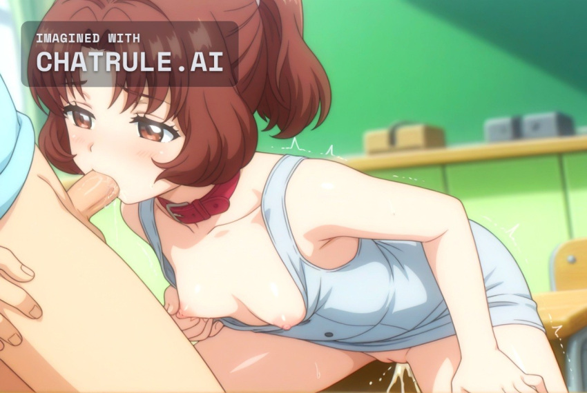 1girl ai_assisted ai_generated anime_style brown_eyes brown_hair classroom cock_in_pussy collar collarbone cowgirl creampie grey_dress inside leaning_forward long_dress long_sleeves moaning official_style parted_bangs pencil_dress ponytail pussy_sex rika saliva shaking shiny_skin short_hair side_view sleeveless_dress spread_legs