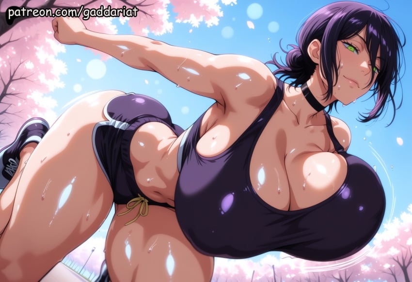 1girl ai_generated bare_midriff bokeh_background breast_bounce chainsaw_man curvy dynamic_pose explicit gaddariat green_eyes huge_breasts jiggling_breasts micro_shorts nsfw patreon purple_hair reze_(chainsaw_man) running_outfit running_shoes shiny_fabric skin_tight skindentation slim_waist solo sports_bra sweat thick_thighs