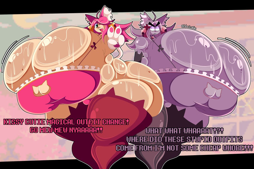 2girls ass big_ass big_breasts breasts cat_paws deltarune gigantic_ass gigantic_breasts huge_ass huge_breasts hyper_ass hyper_breasts irritable_ghost_(deltarune) mad_mew_mew pink_(deltarune) tagme text toby_fox toby_fox_(copyright) voctopie