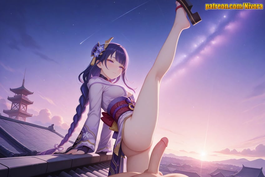 1boy 1girl ai_generated architecture arm_support ass bare_legs blush bottomless braid braided_ponytail breasts bridal_gauntlets closed_mouth cloud east_asian_architecture erection feet flower genshin_impact geta gradient_sky hair_flower hair_ornament hetero japanese_clothes kimono kneepits large_breasts leg_up legs long_braid long_hair long_sleeves looking_at_viewer low-tied_long_hair mole mole_under_eye night night_sky nivora obi okobo on_roof outdoors penis purple_eyes purple_hair purple_kimono raiden_shogun sandals sash shoe_dangle sky smile solo_focus split standing standing_on_one_leg standing_split star_(sky) starry_sky sunrise sunset testicles thighs uncensored very_long_hair white_kimono wide_sleeves