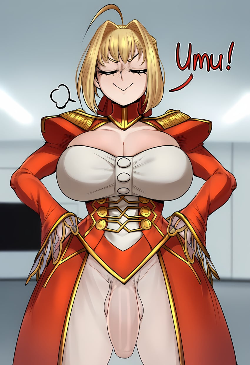 1futa ai_generated balls blonde_hair casual_exposure cleavage clothed clothes clueless dress fate/grand_order fate_(series) flaccid futa_only futanari huge_breasts myoncube nero_claudius_(fate) novelai penis proud puff_of_air see-through smug solo