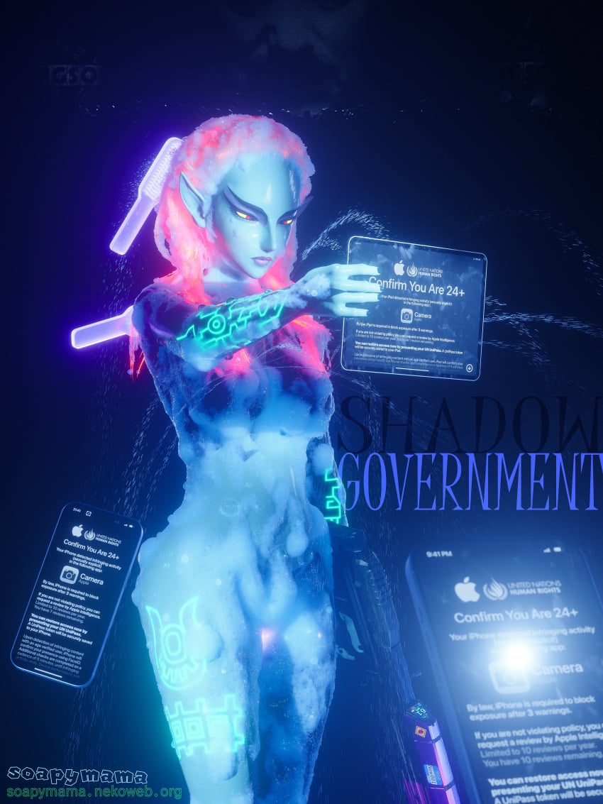 3d 3d_(artwork) 3dcg age_verification annoyed apple_inc. assault_rifle bathing bioluminescent_eyes bioluminescent_fluids bioluminescent_markings bioluminescent_pussy blender_(artwork) blender_(software) blender_cycles blender_cycles_(artwork) blue_skin breast_milk breast_milk_squirting brushing_hair bubbles camera_flash censored_nipples censorship convenient_censorship crossover english_text female glowing_eyes glowing_genitalia glowing_hair gun hair hair_brush hair_on_breasts halo halo_(series) hyrule_warriors ipad iphone lactating lactating_nipples lactation lactation_without_expressing medium_breasts midna midna_(goddess_form) milk_spray multicolored_body multicolored_skin nipples nonsense orange_hair parody phone projectile_lactation red_hair red_pupils rifle smartphone soap soap_bubbles soapy_breasts soapymama solo solo_female stickers_on_object tablet tablet_computer telekinesis text the_legend_of_zelda the_legend_of_zelda:_twilight_princess tickling_nipples twili_midna twilight_princess united_nations wet wet_hair yellow_sclera