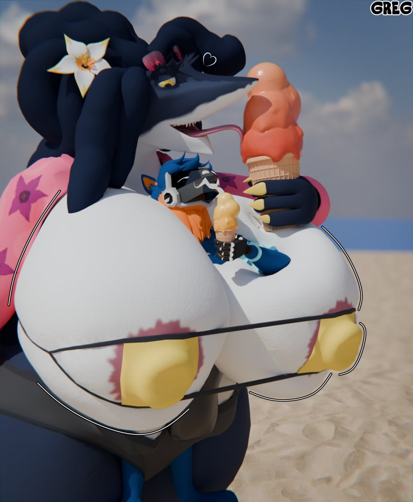 3d 3d_(artwork) anthro areola_slip areolae azure_(greg) beach between_breasts big_breasts bikini blender blender_(software) blender_cycles breasts breasts_bigger_than_head duo female flower_in_hair furry giantess greg_(artist) greg_(greg) heart_symbol huge_breasts hyper hyper_breasts ice_cream larger_female licking_ice_cream looking_down male mini_giantess motion_lines nipple_bulge nipple_outline oc ocs original_character original_characters protogen sergal size_difference skindentation sunglasses