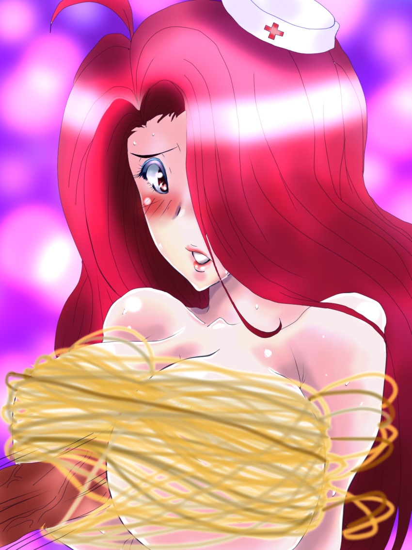 1girls artist_request blush breasts busty cleavage demon_girl eyeliner eyeshadow faceless_male female hair_over_one_eye lipstick male nurse nurse_cap paizuri penis perpendicular_paizuri ruka straight string tagme voluptuous yu_yu_hakusho