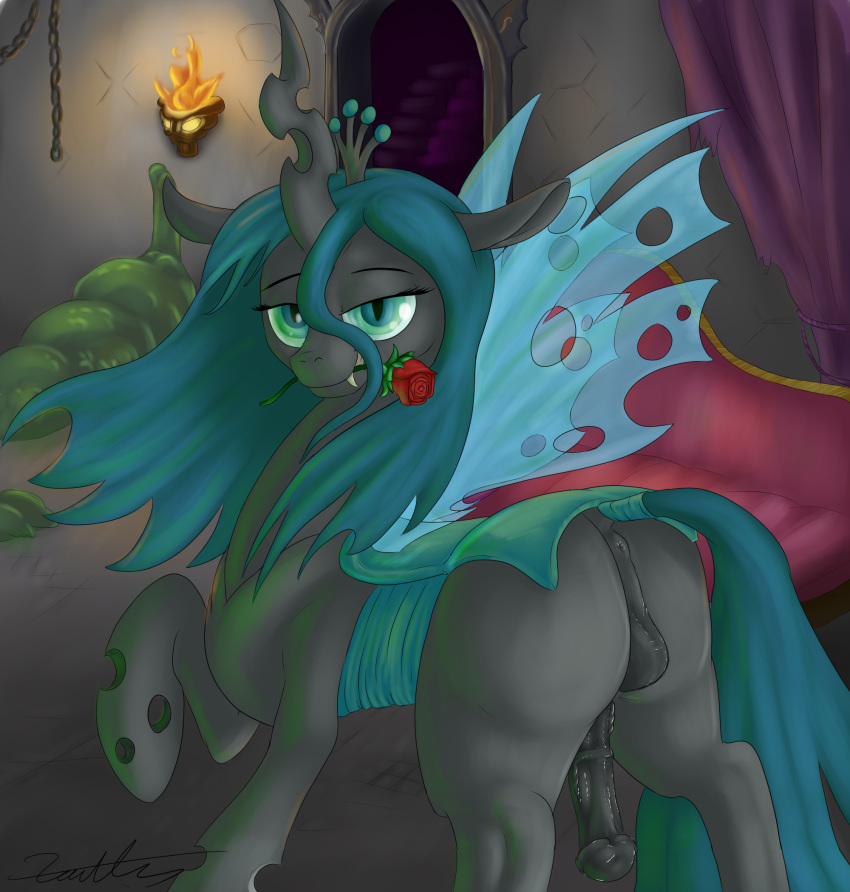 2014 animal_genitalia anus ass balls changeling crossgender feral flower friendship_is_magic hair hi_res horn horsecock inside long_hair looking_at_viewer male my_little_pony penis queen_chrysalis_(mlp) rose wings xanthor