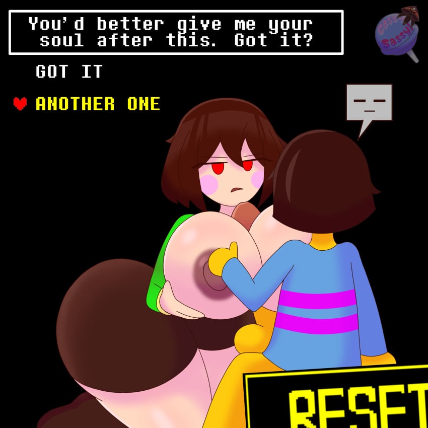 1girl1boy artist_logo big_ass big_breasts big_butt big_penis boobjob brown_hair cassysassy chara chara_(undertale) clothed clothed_sex english_text frisk frisk_(undertale) hi_res highres paizuri red_eyes short_hair text_box undertale white_skin yellow_skin