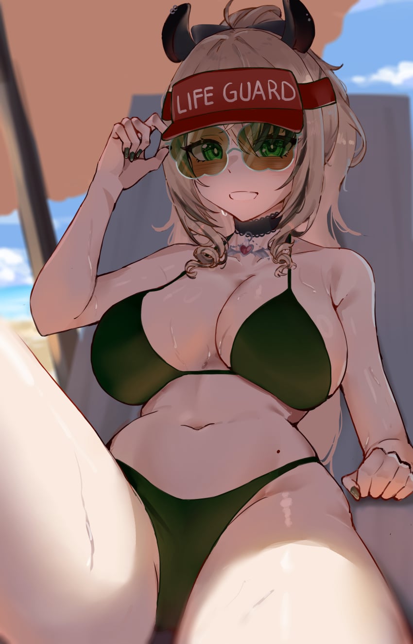 1girl 1girls absurdres animal_ears beach big_breasts bikini black_nails breasts brown_hair brown_streaks busty choker cleavage commentary curvy english_commentary female fishnets green_bikini green_eyes hair_between_eyes highres indie_virtual_youtuber lace-trimmed_choker lace_trim large_breasts long_hair looking_at_viewer multicolored_hair navel nimi_nightmare ponytail pyrokuro red-tinted_eyewear smile solo stomach streaked_hair sunglasses sweat sweaty_tits swimsuit tapir_ears tapir_girl thick thick_thighs thighs tinted_eyewear tits virtual_youtuber visor_cap vtuber