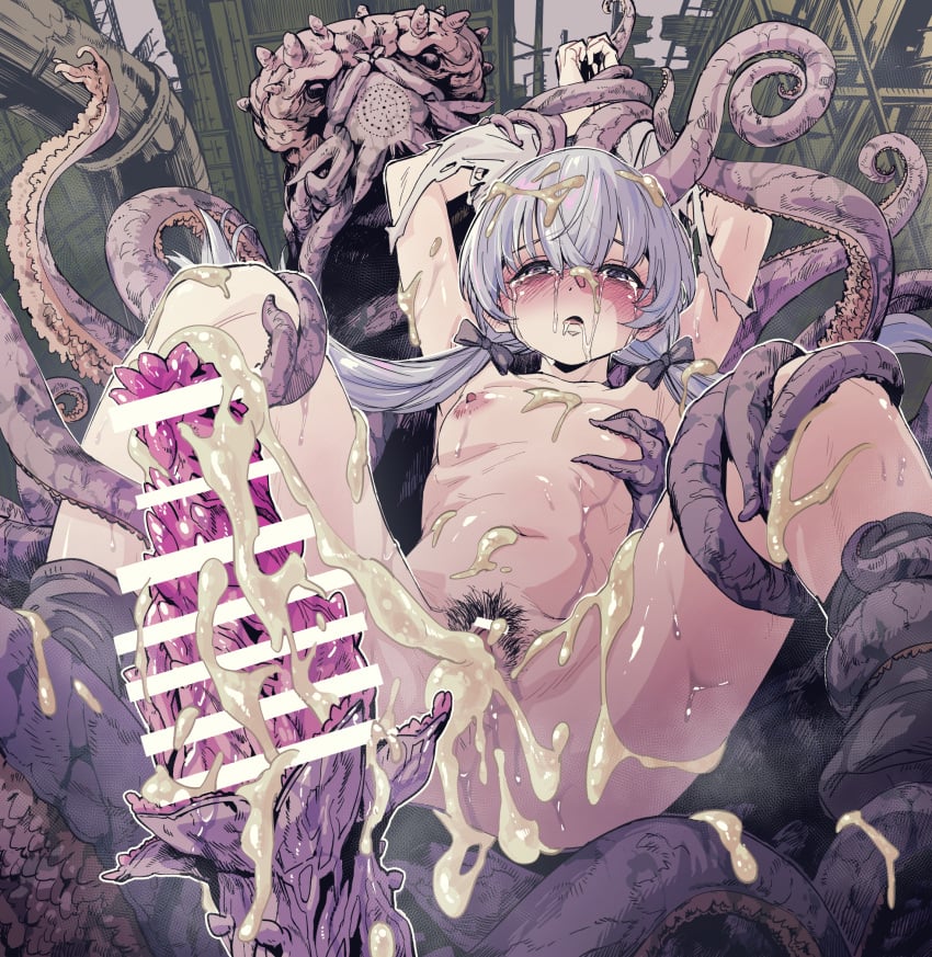 1boy 1girl after_vaginal bar_censor breasts censored commentary_request crying crying_with_eyes_open cum cum_in_pussy cum_on_body cum_string cumdrip female_pubic_hair grabbing_another's_breast groping hetero highres interspecies kotake_standard low_twintails monster nipples nude open_mouth original parted_lips penis_tentacle pubic_hair restrained small_breasts spread_legs tears tentacle_sex tentacles teratophilia textless_version twintails vaginal variant_set white_hair