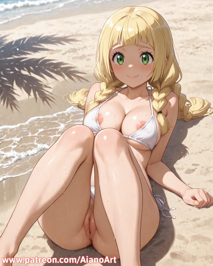 1girl ai_generated aianoart areola_slip bangs barefoot beach bikini bikini_bottom_aside blonde_hair blunt_bangs blush braid breasts closed_mouth clothing_aside collarbone day eyelashes green_eyes knees_together_feet_apart lillie_(pokemon) long_hair looking_at_viewer lying nipple_slip nipples on_back outdoors pokemon pussy sand side-tie_bikini_bottom smile solo swimsuit twin_braids uncensored water wet white_bikini