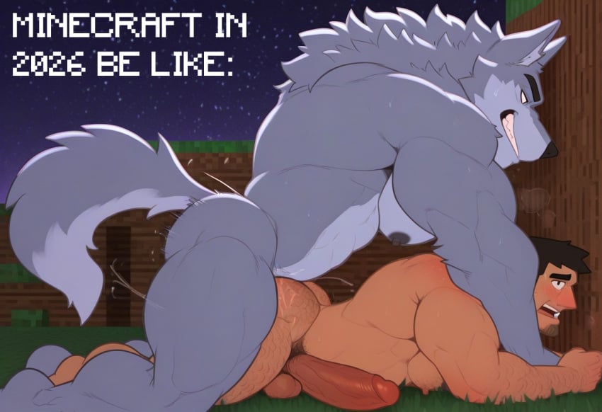 ai_generated ai_slop anthro anthro_on_human big_penis cock dick furry gay_sex grass himbotiger kemono male_only meme minecraft muscle muscles muscular muscular_male nature nature_background night outdoors pecs penis pixel stars steve_(minecraft) text wolf_(minecraft)