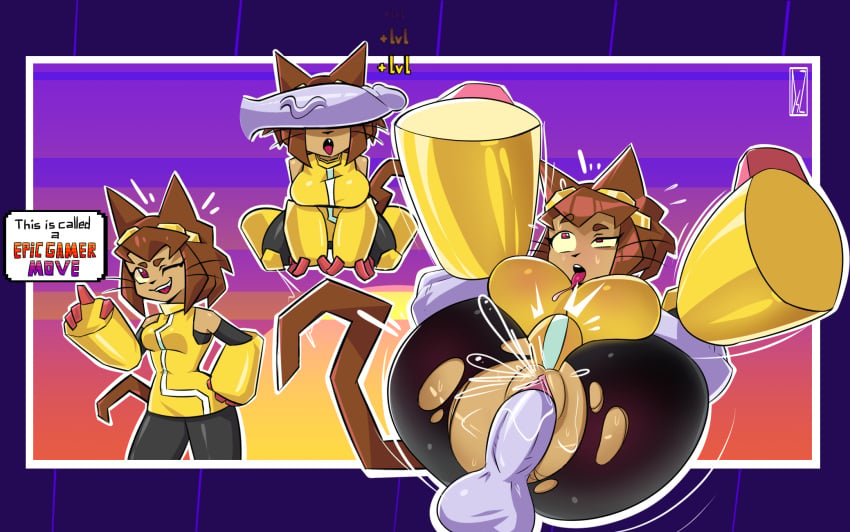 1boy 1girls animal_ears big_ass big_breasts breasts brown_hair cat_ears cat_tail catgirl english_text full_nelson gameoverse kit_(gameoverse) kit_bodega mug pussy red_eyes sex spread_legs tagme text thick_thighs thighs tongue tongue_out torn_clothes vaginal vaginal_penetration