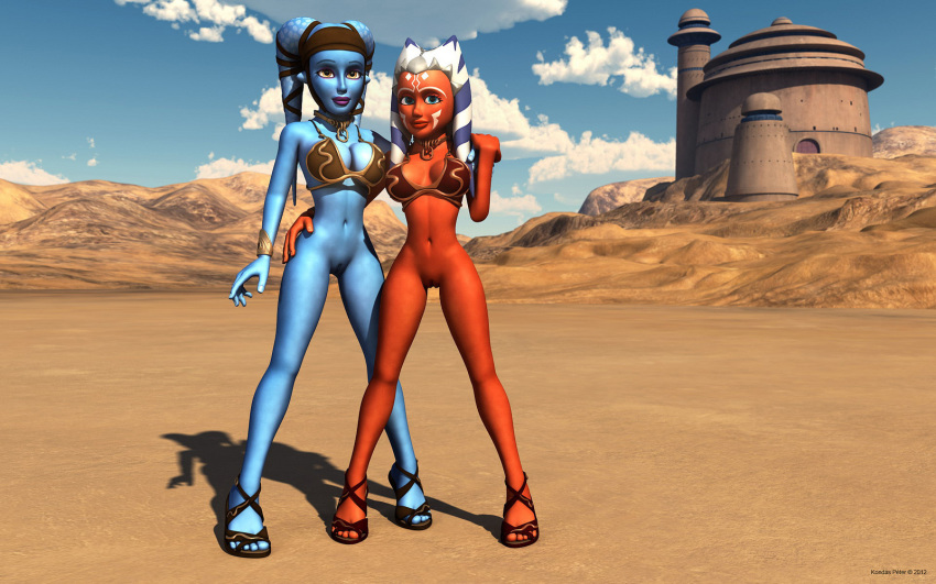 2012 2girls 3d aayla_secura ahsoka_tano bikini_bra breasts clone_wars duo female female_only high_heels jabba's_palace jedi jedi_master jedi_padawan kondaspeter metal_bikini multiple_girls naked_footwear naked_heels navel no_panties nude pussy slave_ahsoka slave_bikini star_wars tatooine the_clone_wars:_season_four togruta twi'lek