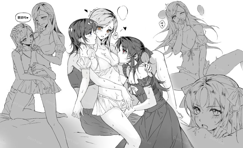 3girls bikini breast_sucking breasts character_request chinese_text commentary cunnilingus fff_threesome fingering greyscale group_sex hair_ribbon hand_on_another's_shoulder heart highres hug long_hair medalist_(manga) medium_breasts medium_hair monochrome multiple_girls nipples okazaki_iruka one_breast_out oral orange_eyes pussy red_eyes reverse_nursing_fingering ribbon speech_bubble spot_color spread_legs sweat swimsuit threesome translation_request untranslatable_commentary wet yuitsuka_mika yuri zaozaomichiru