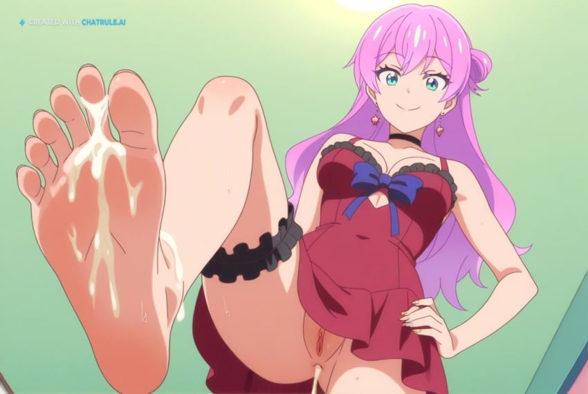 1girl 5_toes after_anal ai_assisted ai_generated akari_watanabe anime_coloring anime_screencap anus barefoot black_choker blue_green_eyes breasts choker cleavage clothed clothing covered_navel cum cum_in_ass cum_inside cum_on_body cum_on_feet cumdrip dress feet female female_focus foot_fetish foot_focus foreshortening from_below green_eyes hair_bun hand_on_own_hip heart jewelry long_hair looking_at_viewer looking_down_at_viewer medium_breasts no_panties no_underwear pink_hair pussy red_dress smile soles solo solo_focus standing standing_on_one_leg sweat thigh_strap toes