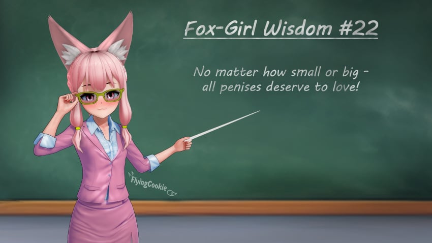 16:9 1girls 3d 3d_(artwork) 4k animal_ears anime_girl anime_style blush cat_mouth cute cute_face female female_focus female_only flyingcookie fox_ears fox_girl glasses happy kemonomimi koikatsu looking_at_viewer open_eyes original original_character pantyhose petite petite_body petite_female pigtails pink_eyes pink_hair school school_desk self_upload sfw side_braid skirt small_breasts smile standing suit teacher text watermark
