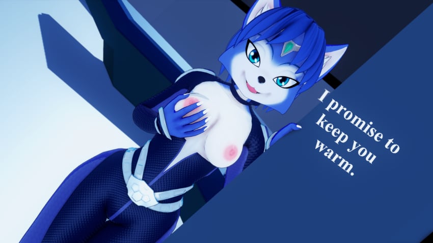blue_fur blue_hair breasts breasts_out dialogue exposed_breasts fondling_breast fox_girl furry koikatsu krystal perfect_idiot self_fondle star_fox undressing