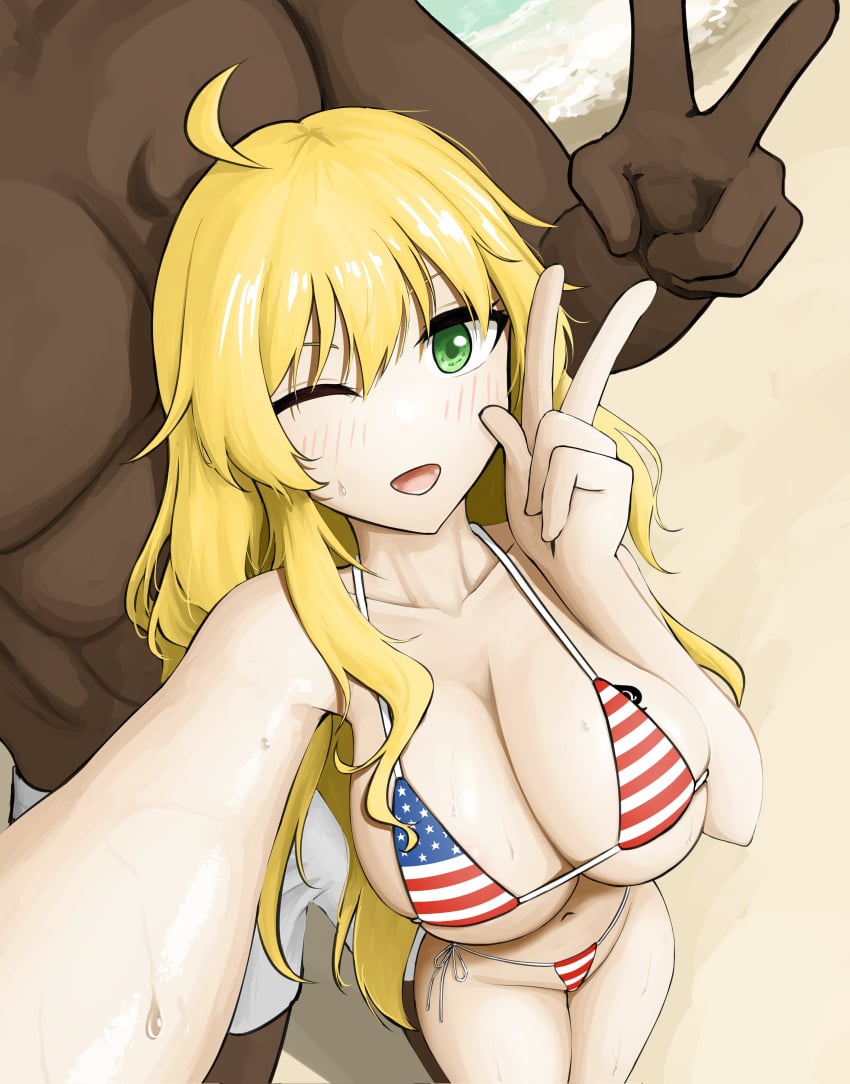 1boy 1girls american_flag_bikini beach blonde_hair dark-skinned_male green_eyes hoshii_miki idolmaster muscular_male queen_of_spades v_sign