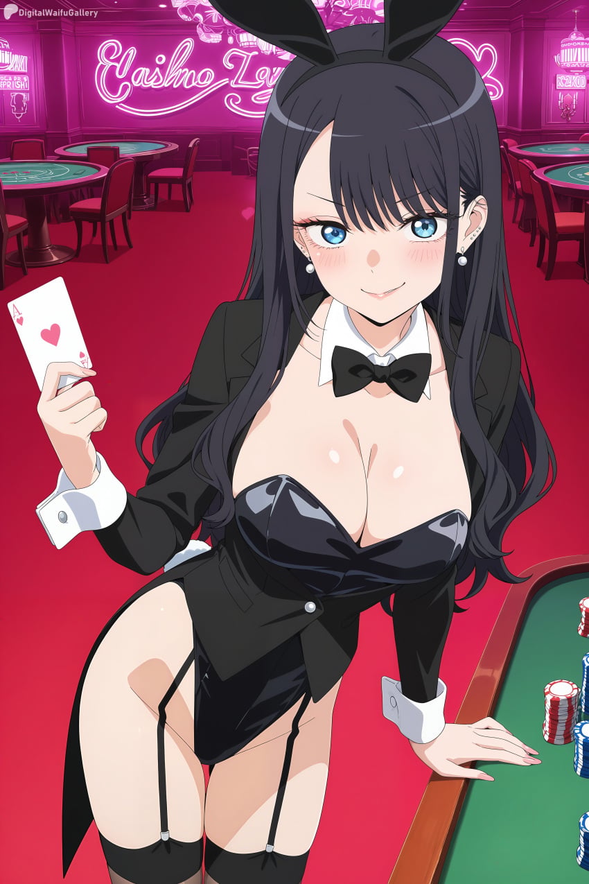 1girl ace_of_hearts ai_generated animal_ears black_bow black_bowtie black_hair black_jacket black_leotard black_thighhighs blue_eyes blush bow bowtie breasts card casino cleavage coattails cowboy_shot detached_collar digitalwaifugallery earrings fake_animal_ears garter_straps heart hi_res high_quality high_resolution highleg highleg_leotard holding holding_card indoors jacket jewelry large_breasts leotard long_hair long_sleeves looking_at_viewer marin_kitagawa patreon playboy_bunny playing_card poker_chip rabbit_ears rabbit_tail seductive sexy smile solo sono_bisque_doll_wa_koi_wo_suru strapless strapless_leotard table tail tailcoat thighhighs uncensored watermark wrist_cuffs