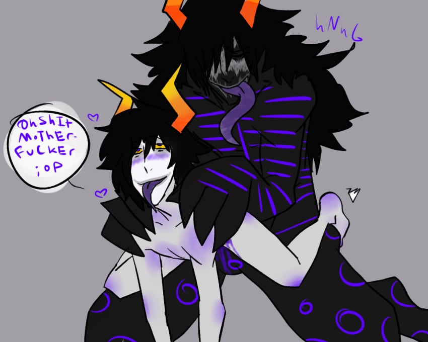 2boys anal black_hair blush dialogue facepaint gamzee_makara gay grand_highblood grey_background grey_skin heart homestuck horns incest long_hair ms_paint_adventures naked short_hair size_difference speech_bubble text tongue_out troll yellow_eyes