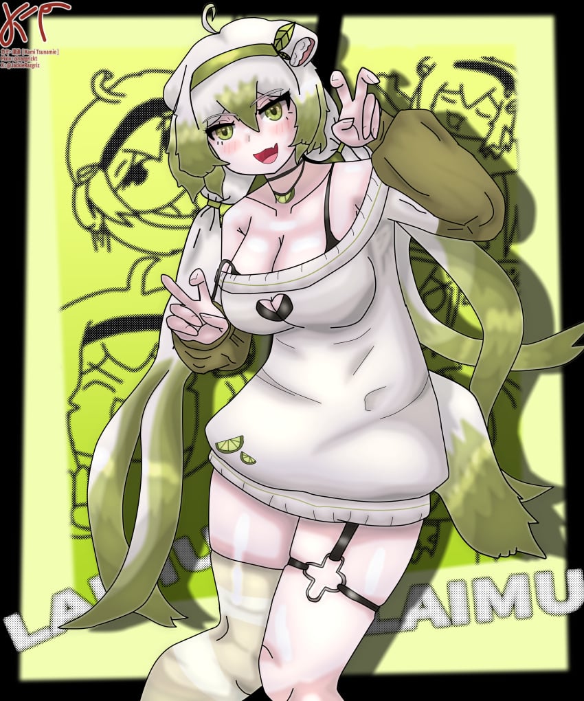 1girl 1girls absurdres ahoge animal_ears big_breasts black_bra bra breasts busty cleavage clothing_cutout commentary english_commentary female ferret_ears ferret_girl ferret_tail green_eyes green_hair green_hairband green_tail green_thighhighs hairband heart_cutout highres indie_virtual_youtuber jewelry laimu laimu_(2nd_costume) large_breasts looking_at_viewer multicolored_hair necklace open_mouth solo sweater thick_thighs thighhighs thighs tits underwear virtual_youtuber vtuber white_hair white_sweater
