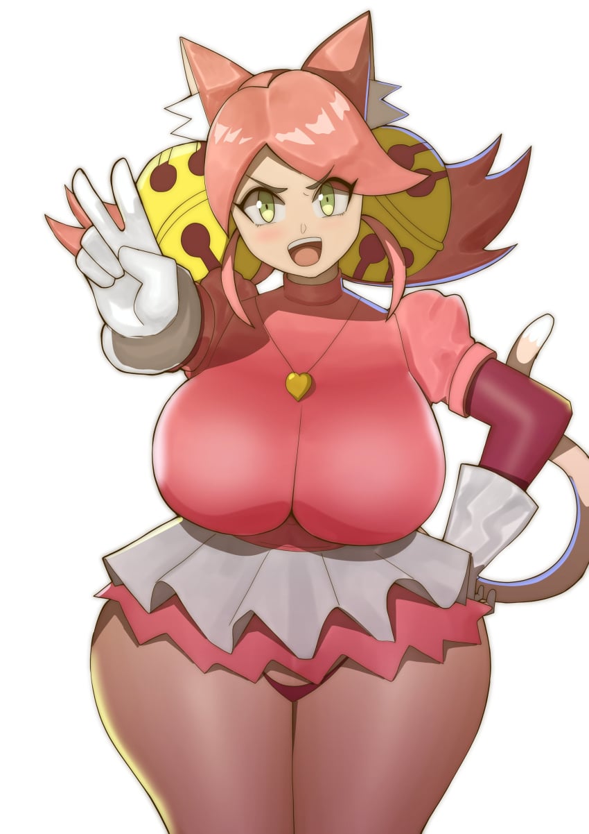 1girls animal_ears bangs big_breasts breasts cat_ears cat_tail deltarune doublehero female female_only gloves green_eyes hand_on_hip jewelry large_breasts looking_at_viewer mad_mew_mew mew_mew_(undertale) miniskirt open_mouth pink_(deltarune) pink_hair puffy_sleeves skirt smile solo solo_female tail thick_thighs thighs undertale undertale_(series) v white_gloves